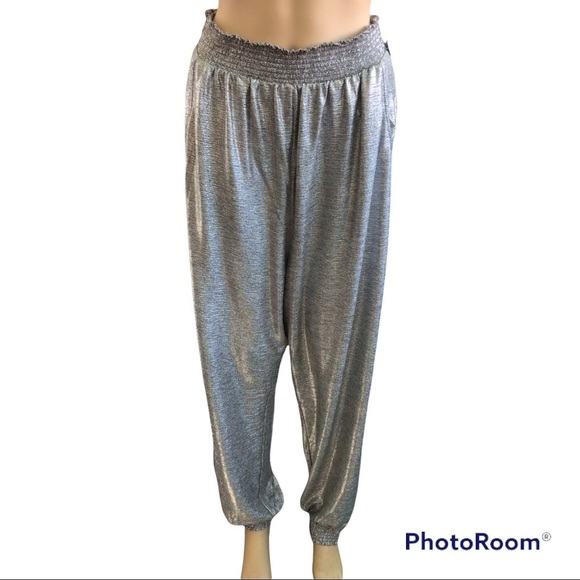 New Anthropologie Pants Womens Silver Metallic Shimmer Elastic Waist Jog… - Picture 3 of 9